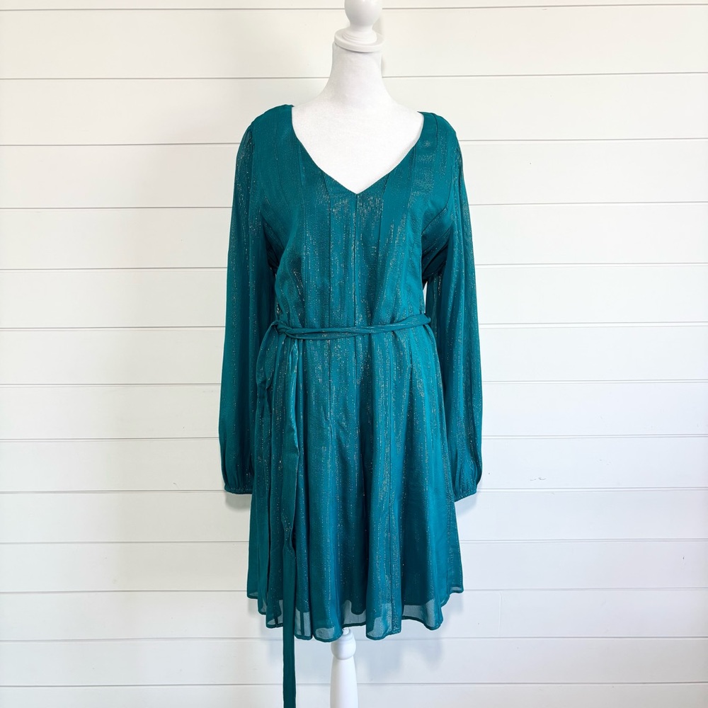 Lilly Pulitzer Teal Shimmer Metallic Belted Long Sleeve Dress Size XL NEW